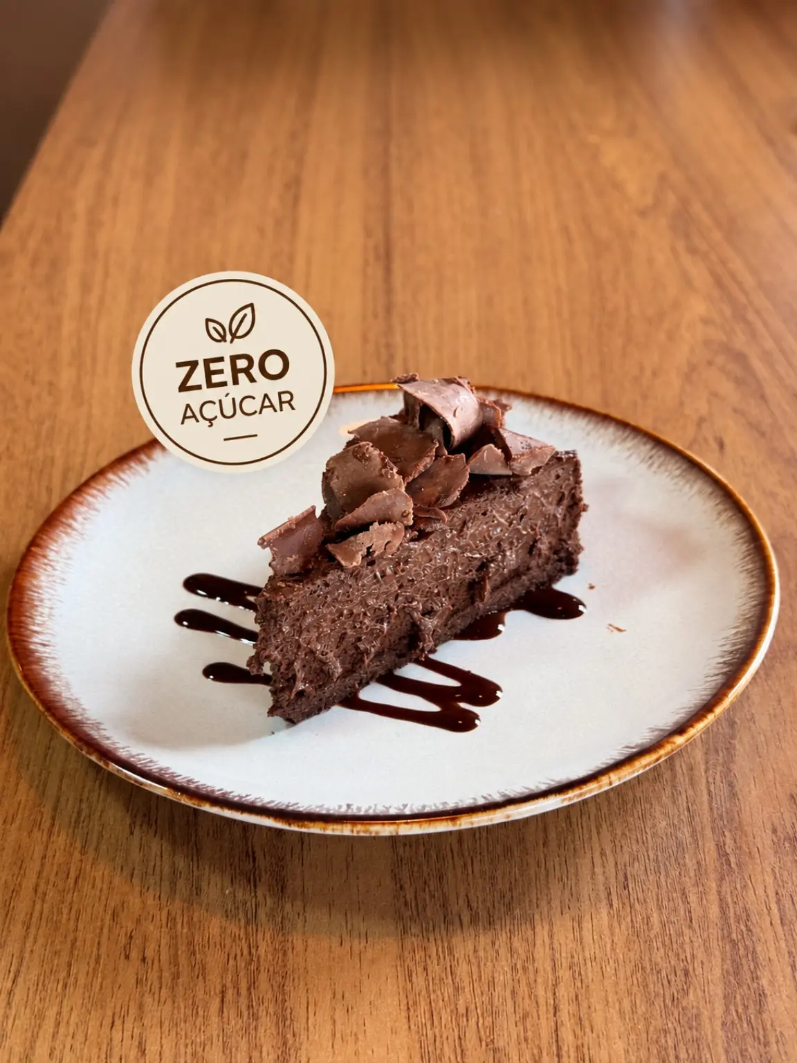 Fatia de bolo de chocolate com selo Zero açúcar na D’Caule